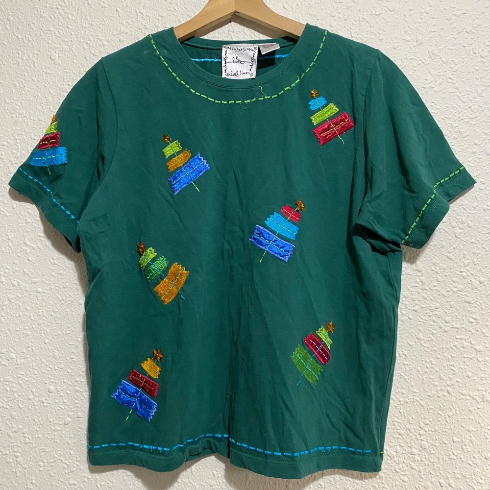 Michael Simon Lite Women's L Green Christmas Tree Embroidered T Shirt‎ Size